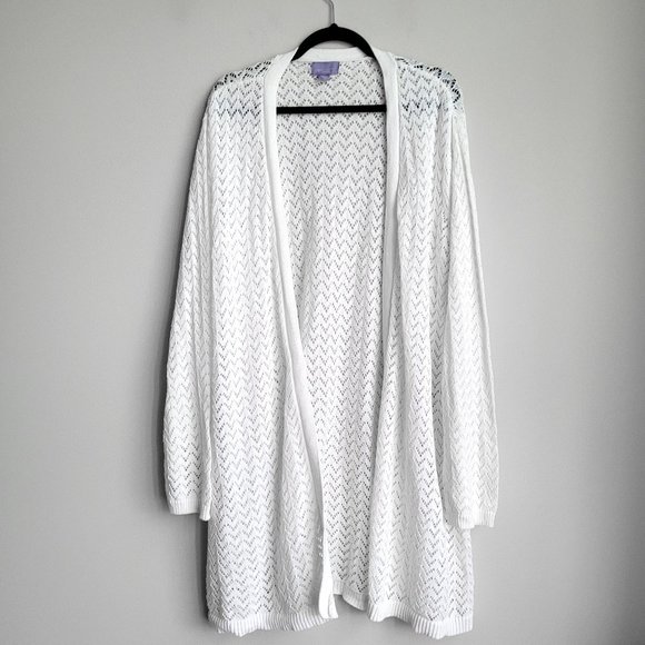 Laura Scott White Cotton Crochet Knit Open Front Cardigan